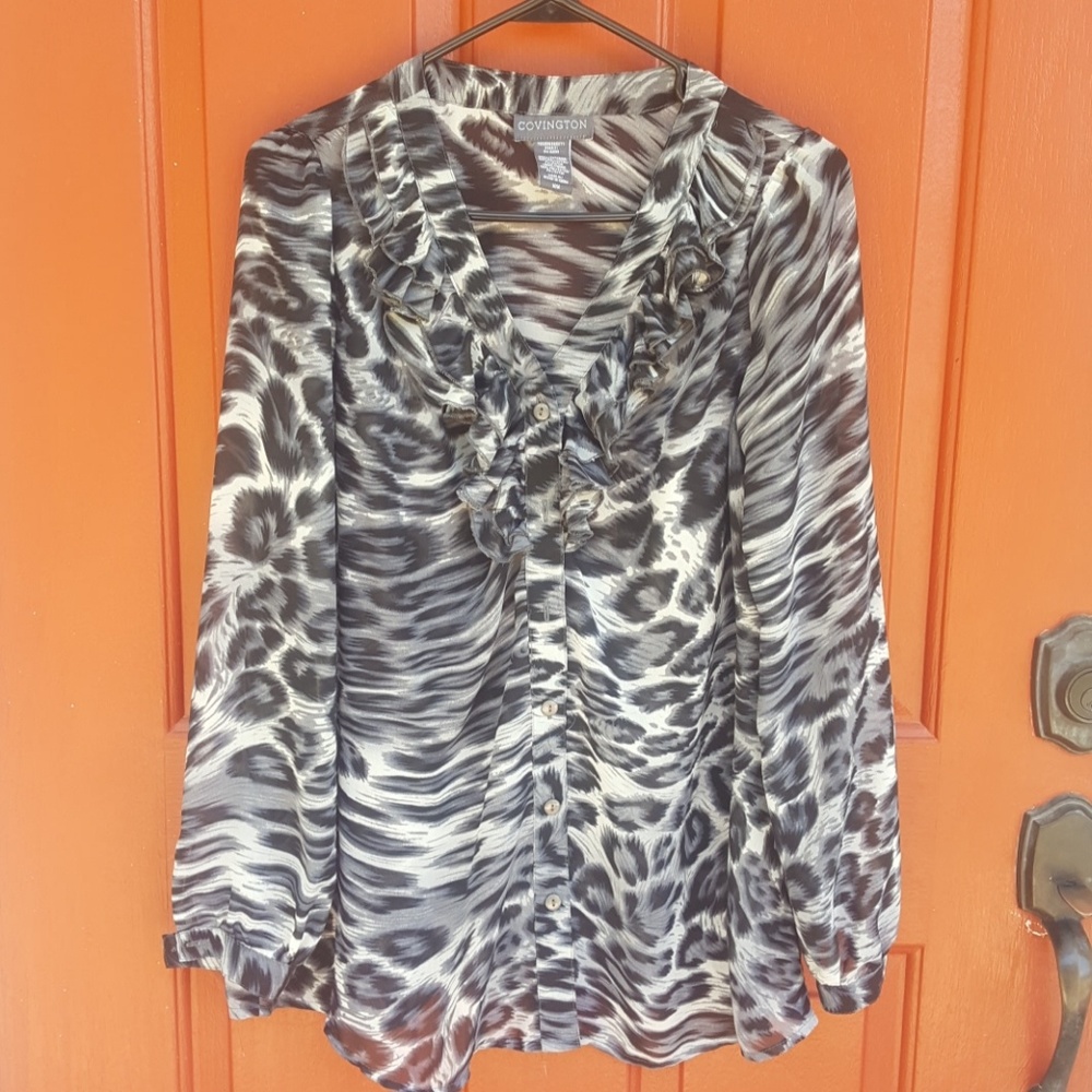 Animal print sheer ladies button up ruffle front